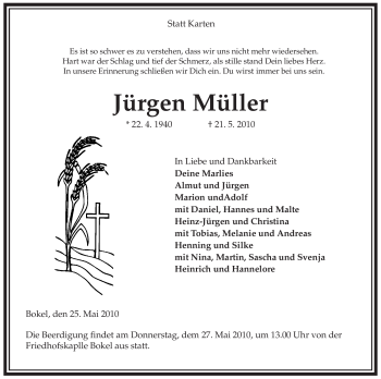 Traueranzeige von Jürgen Müller von ALLGEMEINE ZEITUNG UELZEN