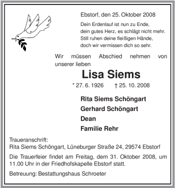 Traueranzeige von Lisa Siems von ALLGEMEINE ZEITUNG UELZEN