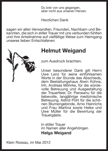 Traueranzeige von Helmut Weigand von ALLGEMEINE ZEITUNG UELZEN