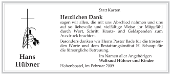 Traueranzeige von Hans Hübner von ALLGEMEINE ZEITUNG UELZEN