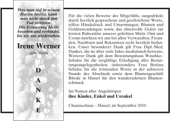 Traueranzeige von Irene Werner von ALLGEMEINE ZEITUNG UELZEN