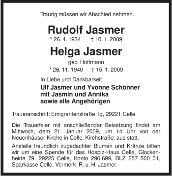 Traueranzeige von Helga Jasmer von ALLGEMEINE ZEITUNG UELZEN