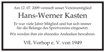 Traueranzeige von Hans-Werner Kasten von ALLGEMEINE ZEITUNG UELZEN