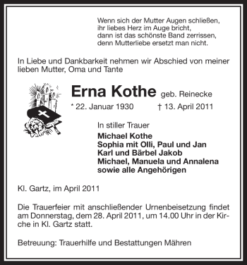 Traueranzeige von Erna Kothe von ALLGEMEINE ZEITUNG UELZEN