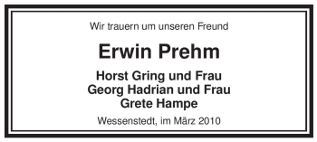 Traueranzeige von Erwin Prehm von ALLGEMEINE ZEITUNG UELZEN