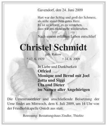 Traueranzeige von Christel Schmidt von ALLGEMEINE ZEITUNG UELZEN