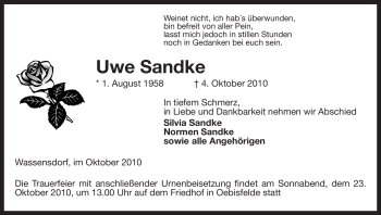 Traueranzeige von Uwe Sandke von ALLGEMEINE ZEITUNG UELZEN