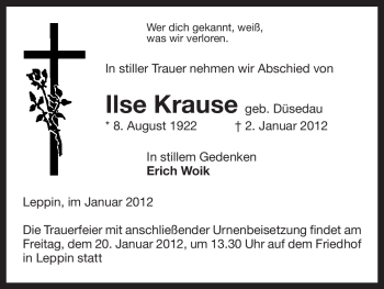 Traueranzeige von Ilse Krause von ALLGEMEINE ZEITUNG UELZEN