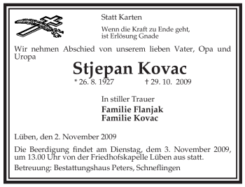 Traueranzeige von Stjepan Kovac von ALLGEMEINE ZEITUNG UELZEN