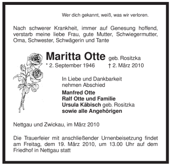 Traueranzeige von Maritta Otte von ALLGEMEINE ZEITUNG UELZEN