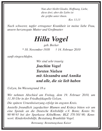 Traueranzeige von Hilla Vogel von ALLGEMEINE ZEITUNG UELZEN