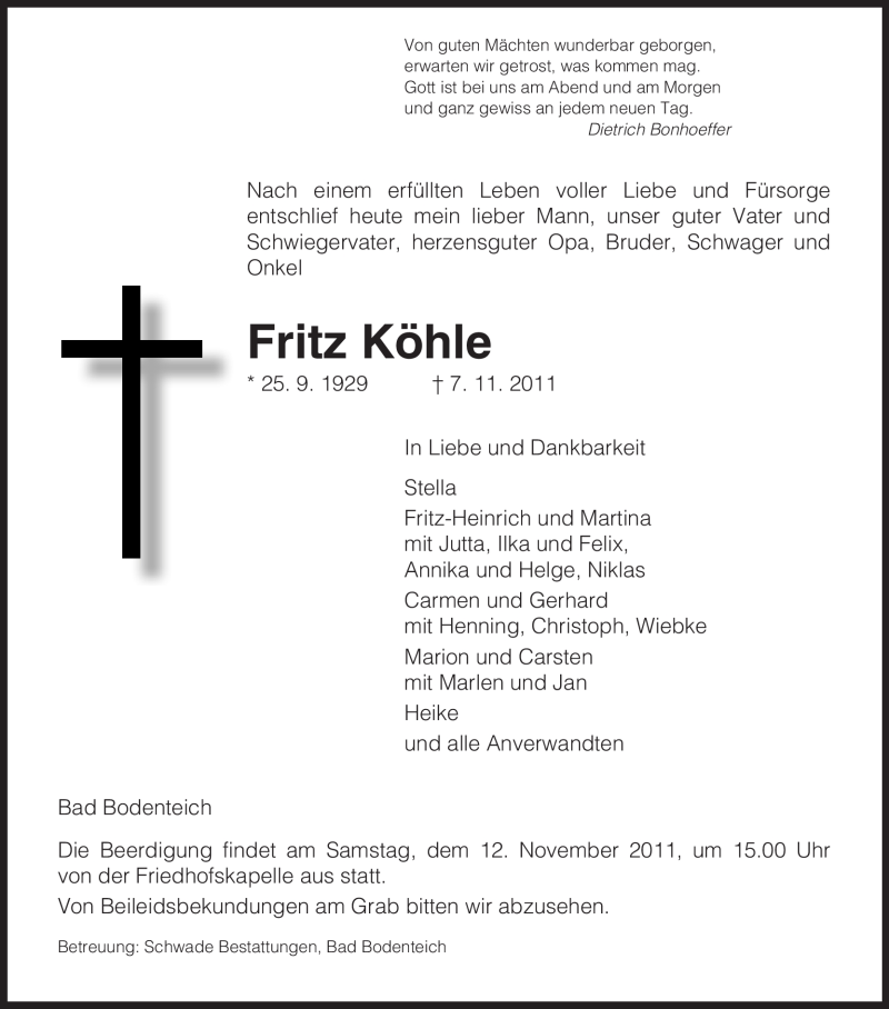  Traueranzeige für Fritz Köhle vom 10.11.2011 aus ALLGEMEINE ZEITUNG UELZEN