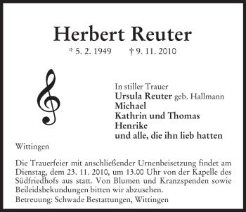 Traueranzeige von Herbert Reuter von ALLGEMEINE ZEITUNG UELZEN