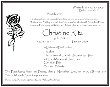 Traueranzeige von Christine Ritz von ALLGEMEINE ZEITUNG UELZEN