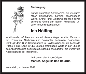 Traueranzeige von Ida Hötling von ALLGEMEINE ZEITUNG UELZEN