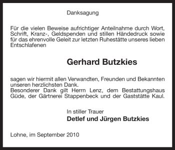 Traueranzeige von Gerhard Butzkies von ALLGEMEINE ZEITUNG UELZEN