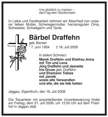 Traueranzeige von Bärbel Draffehn von ALLGEMEINE ZEITUNG UELZEN