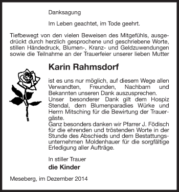 Traueranzeige von Karin Rahmsdorf von Uelzen