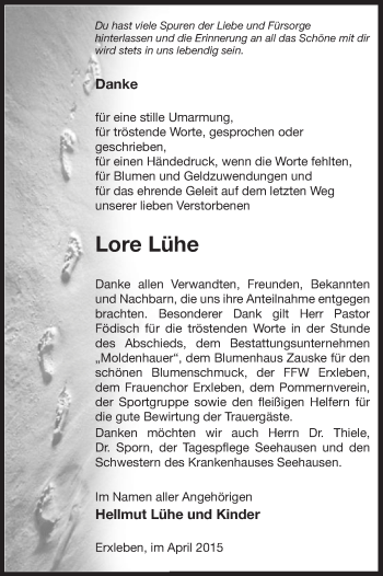 Traueranzeige von Lore Lühe von Uelzen