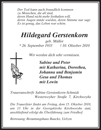 Traueranzeige von Hildegard Gerstenkorn von ALLGEMEINE ZEITUNG UELZEN