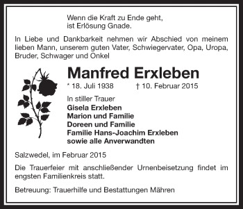 Traueranzeige von Manfred Erxleben von Uelzen