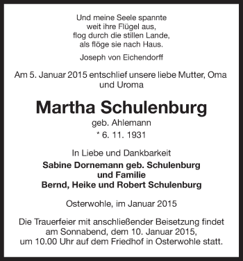 Traueranzeige von Martha Schulenburg von Uelzen