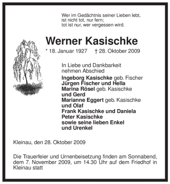 Traueranzeige von Werner Kasischke von ALLGEMEINE ZEITUNG UELZEN