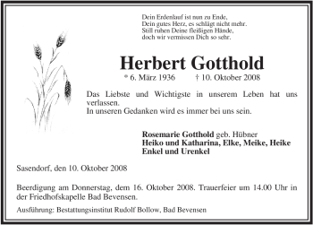 Traueranzeige von Herbert Gotthold von ALLGEMEINE ZEITUNG UELZEN