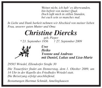 Traueranzeige von Christine Diercks von ALLGEMEINE ZEITUNG UELZEN