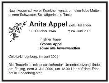 Traueranzeige von Anita Appel von ALLGEMEINE ZEITUNG UELZEN