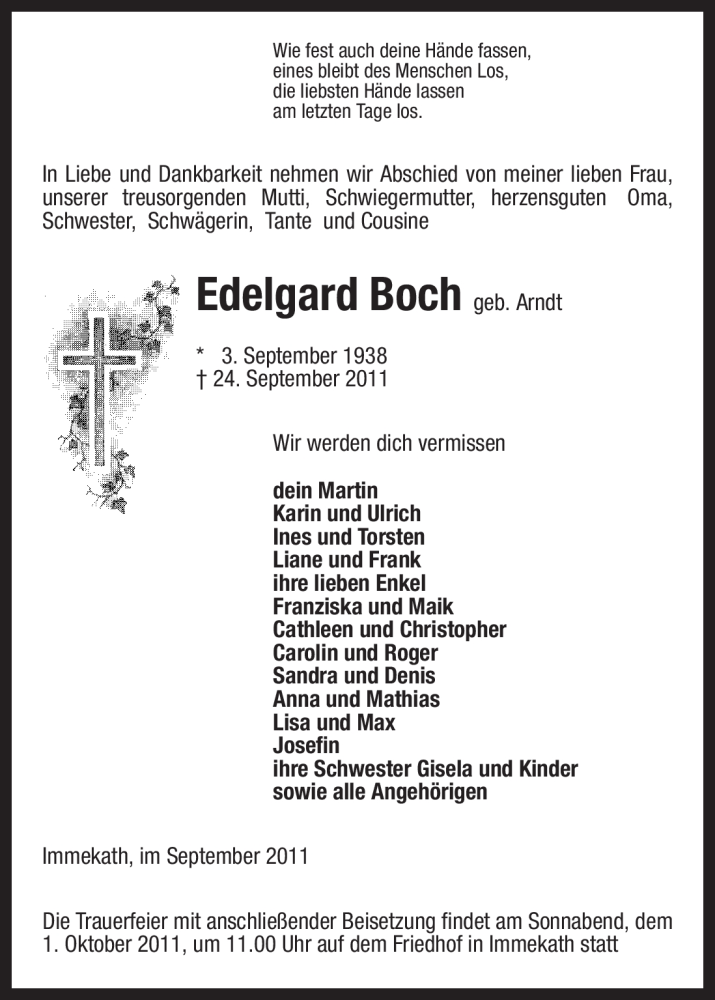  Traueranzeige für Edelgard Boch vom 27.09.2011 aus ALLGEMEINE ZEITUNG UELZEN