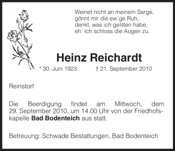 Traueranzeige von Heinz Reichardt von ALLGEMEINE ZEITUNG UELZEN