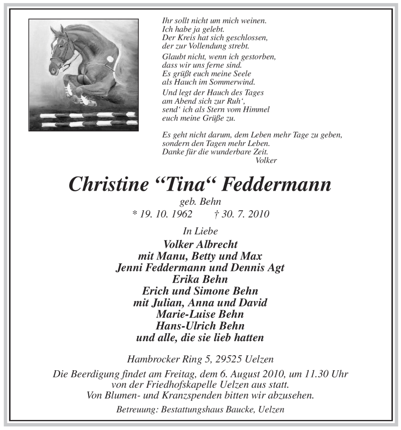 Traueranzeige für Chrstine Feddermann vom 03.08.2010 aus ALLGEMEINE ZEITUNG UELZEN