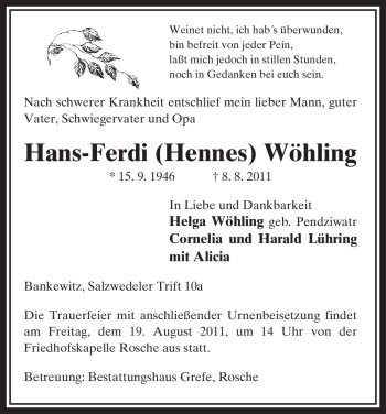 Traueranzeige von Hans-Ferdi Wöhling von ALLGEMEINE ZEITUNG UELZEN