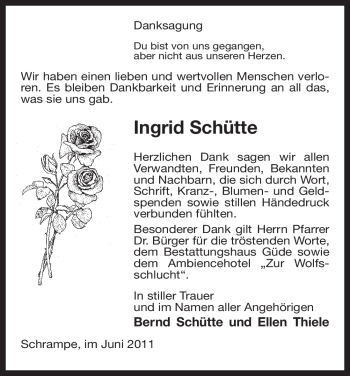 Traueranzeige von Ingrid Schütte von ALLGEMEINE ZEITUNG UELZEN