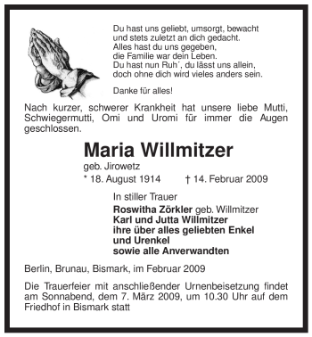 Traueranzeige von Maria Willmitzer von ALLGEMEINE ZEITUNG UELZEN