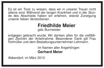 Traueranzeige von Friedhilde Meier von ALLGEMEINE ZEITUNG UELZEN