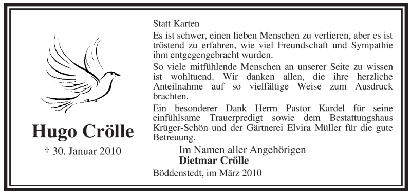  Traueranzeige für Hugo Crölle vom 06.03.2010 aus ALLGEMEINE ZEITUNG UELZEN