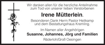 Traueranzeige von Irene Mütterlein von ALLGEMEINE ZEITUNG UELZEN