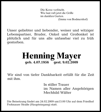 Traueranzeige von Henning Mayer von ALLGEMEINE ZEITUNG UELZEN