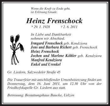 Traueranzeige von Heinz Frenschock von ALLGEMEINE ZEITUNG UELZEN