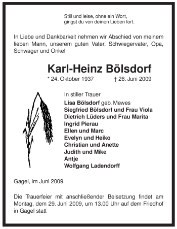 Traueranzeige von Karl-Heinz Bölsdorf von ALLGEMEINE ZEITUNG UELZEN