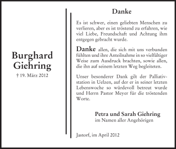 Traueranzeige von Burghard Giehring von ALLGEMEINE ZEITUNG UELZEN