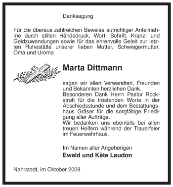 Traueranzeige von Marta Dittmann von ALLGEMEINE ZEITUNG UELZEN