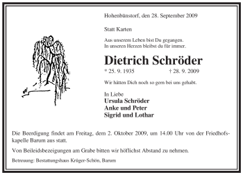 Traueranzeige von Dietrich Schröder von ALLGEMEINE ZEITUNG UELZEN