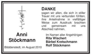 Traueranzeige von Anni Stöckmann von ALLGEMEINE ZEITUNG UELZEN