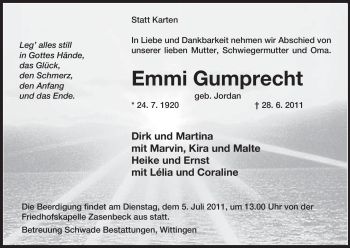 Traueranzeige von Emmi Gumprecht von ALLGEMEINE ZEITUNG UELZEN