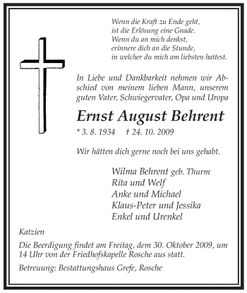 Traueranzeige von Ernst  August Behrent von ALLGEMEINE ZEITUNG UELZEN