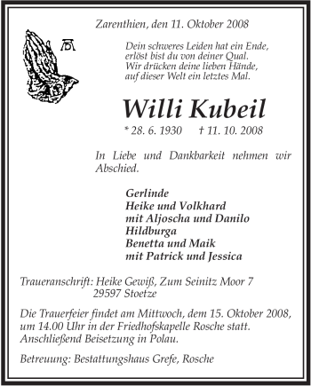 Traueranzeige von Willi Kubeil von ALLGEMEINE ZEITUNG UELZEN