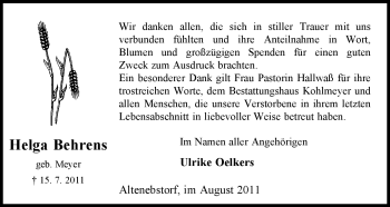 Traueranzeige von Helga Behrens von ALLGEMEINE ZEITUNG UELZEN